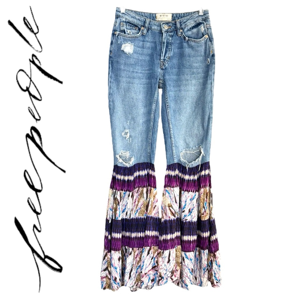 We The Free People Distressed Boho Patchwork Flare Bell Bottom Jeans 25 Boho - Picture 3 of 16